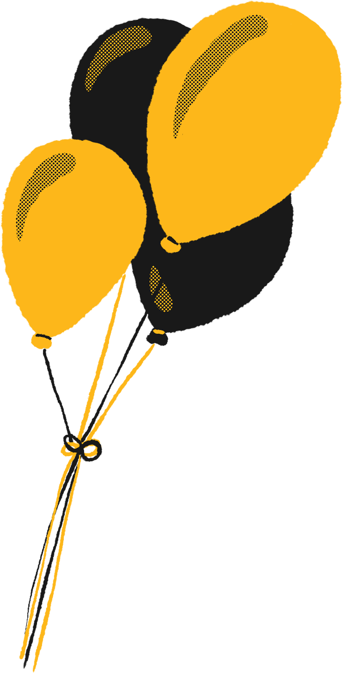 A hand drawn sticker of a bouquet of two black and two gold helium-filled balloons on strings