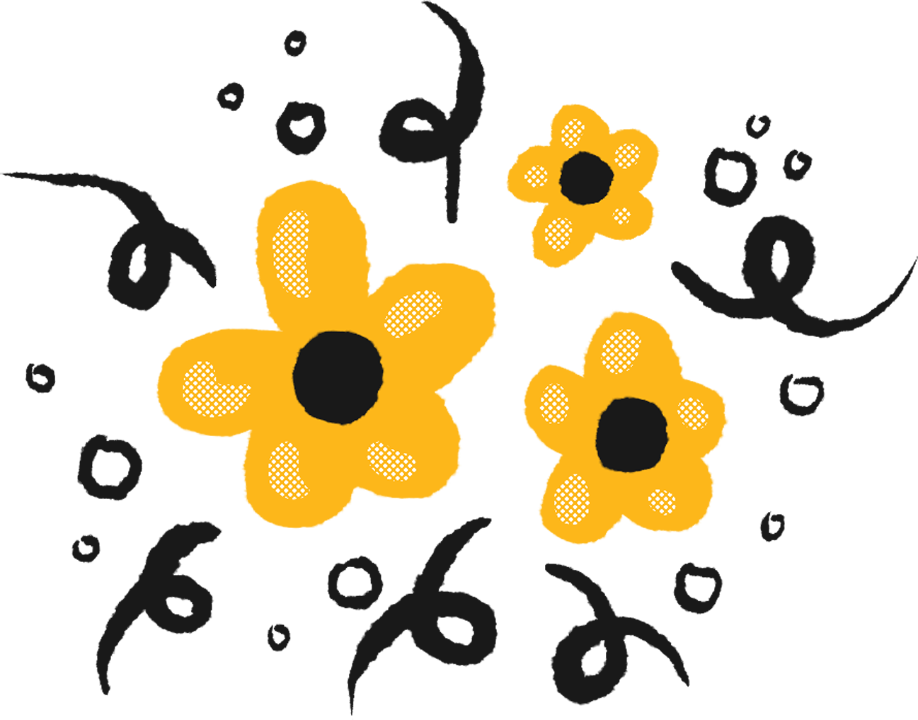 A hand drawn sticker of three gold flowers and black confetti