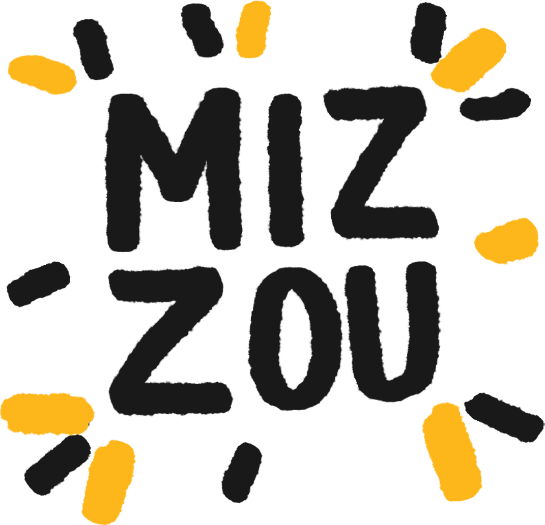 A hand drawn MIZ-ZOU with black and gold dashes around it