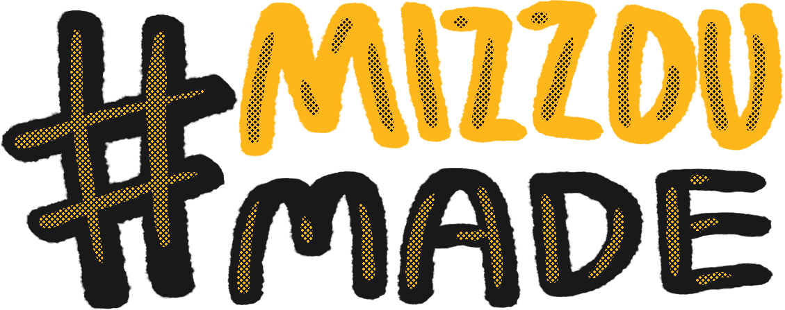 A hand drawn #MizzouMade sticker. The hashtag is in black, the Mizzou is in gold and the Made is in black.