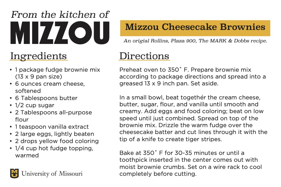 A screenshot of a recipe card for Mizzou Cheesecake Brownies. The downloadable PDF is screen reader compatible.