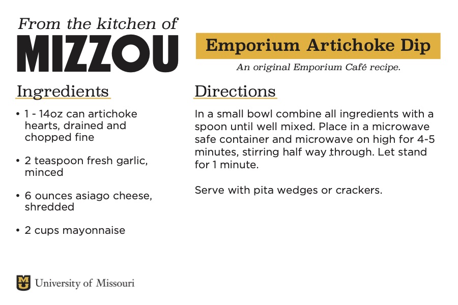 A screenshot of a recipe card for Emporium Artichoke Dip. The downloadable PDF is screen reader compatible.