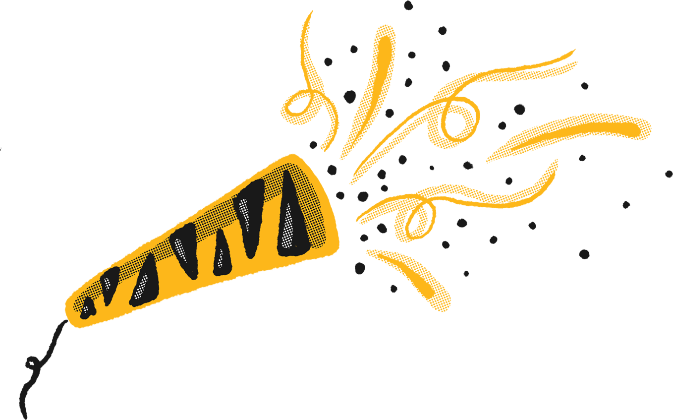A hand drawn sticker of a black and gold party popper