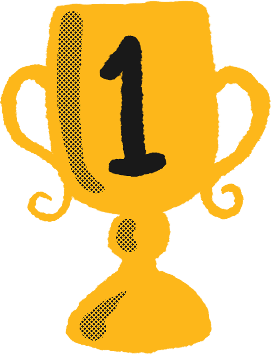 A hand drawn sticker of a gold trophy with the number one on the front