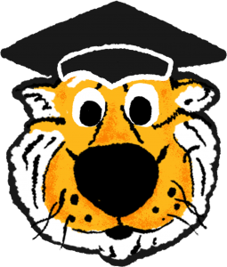 A hand drawn sticker of Truman Tiger's wearing a graduation cap emoji