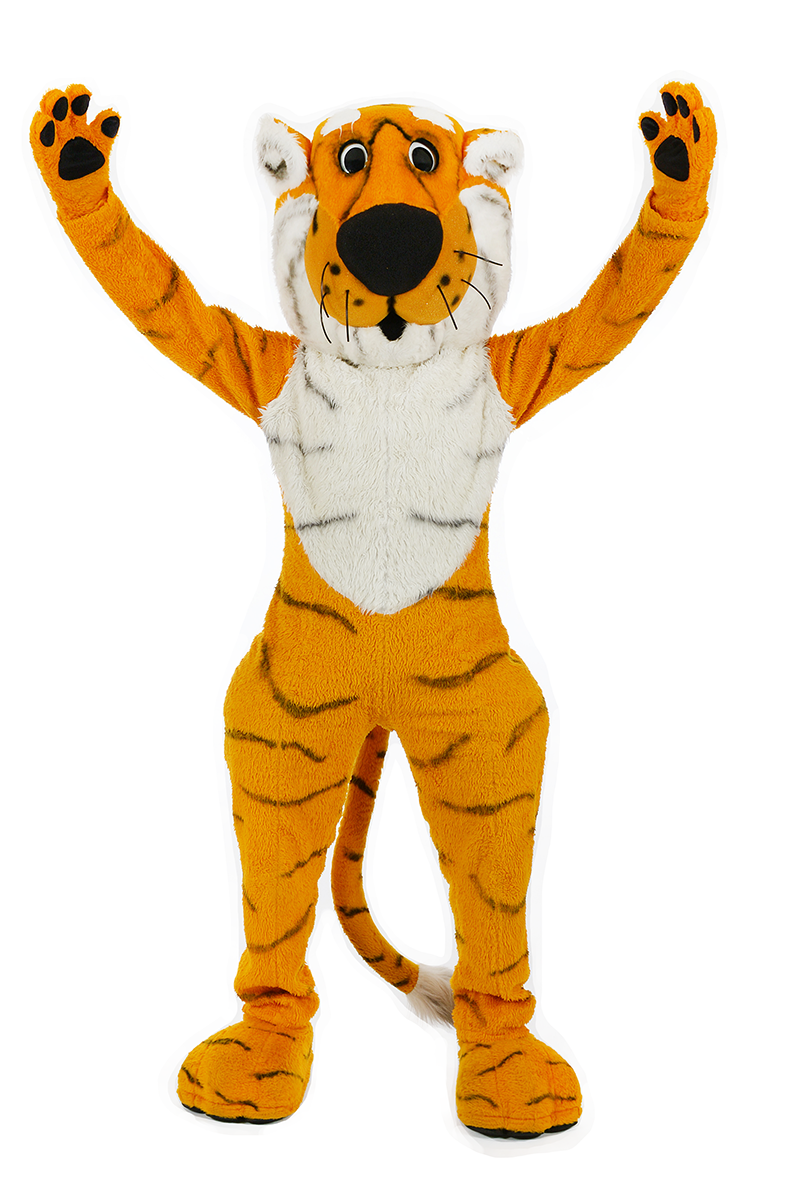 Truman the Tiger holds both of his arms up in the air