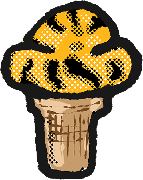 A hand drawn image of gold ice cream with black stripes in an ice cream cone sticker