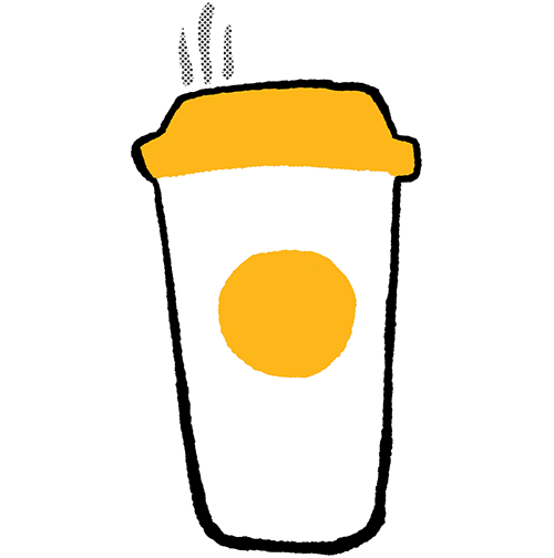 A hand drawn sticker of a cup of coffee with a gold lid and a gold circle sticker