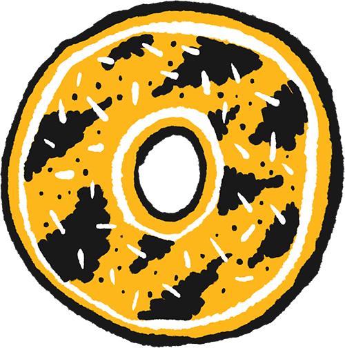 A hand drawn sticker of a donut decorated with gold and black stripes with white sprinkles