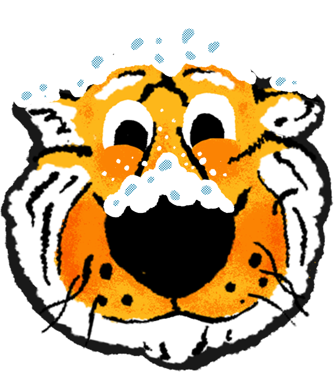 A hand drawn sticker of a Truman face with snow sprinkled on top of his head