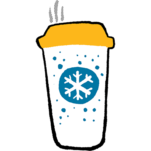 A hand drawn sticker of a cup of coffee with a gold lid and a blue snowflake circle sticker