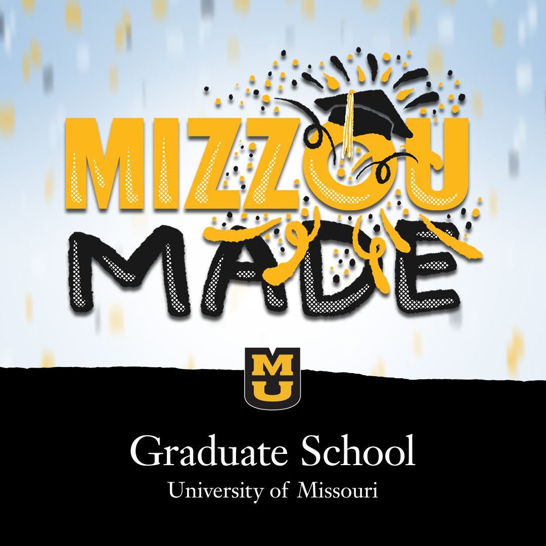 Light blue confetti background with a hand drawn gold bubble “Mizzou” and black “Made” stacked underneath it. The 'o' in the Mizzou has a graduation cap with confetti shooting out. The bottom half looks like a ripped black page with a small gold stacked MU logo and the words 