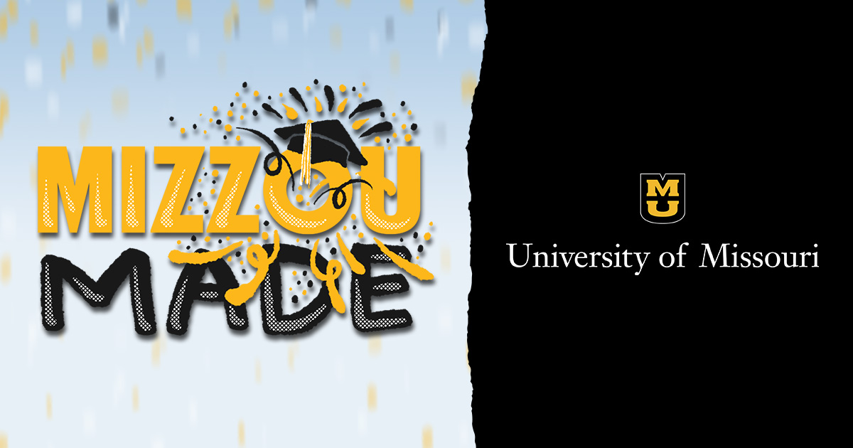 Light blue confetti background with a hand drawn gold bubble Mizzou and black Made stacked underneath it. The 'o' in the Mizzou has a graduation cap with confetti shooting out. The other side looks like a ripped black page with a small gold stacked MU logo and the words 