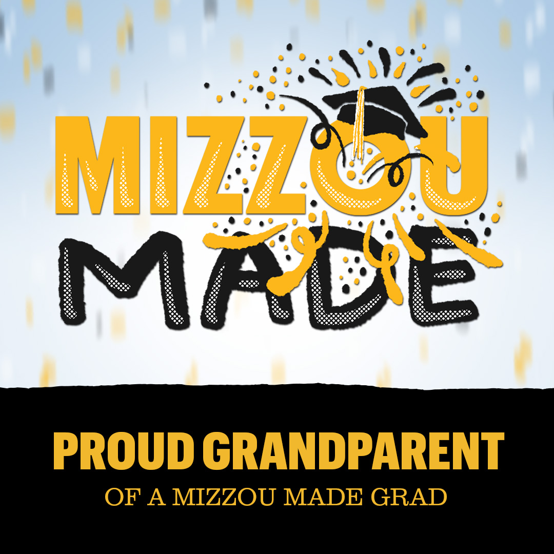 Light blue confetti background with a hand drawn gold bubble “Mizzou” and black “Made” stacked underneath it. The 'o' in the Mizzou has a graduation cap with confetti shooting out. The right side half looks like a ripped black page with gold text that says 