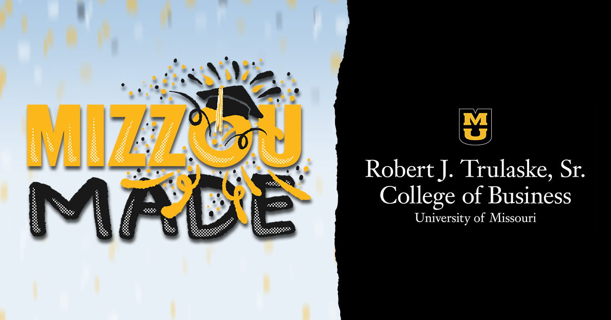 Light blue confetti background with a hand drawn gold bubble Mizzou and black Made stacked underneath it. The 'o' in the Mizzou has a graduation cap with confetti shooting out. The other side looks like a ripped black page with a small gold stacked MU logo and the words 