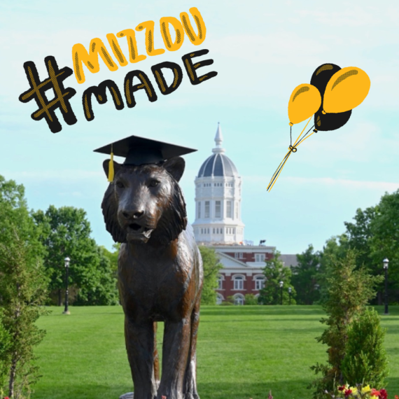 A photo of the bronze tiger on Carnahan Quad with a graduation cap on top. Behind you can see Jesse Hall. The image is square shaped with hand drawn balloons along with a hand drawn gold "Mizzou" and black "Made" below the first word.